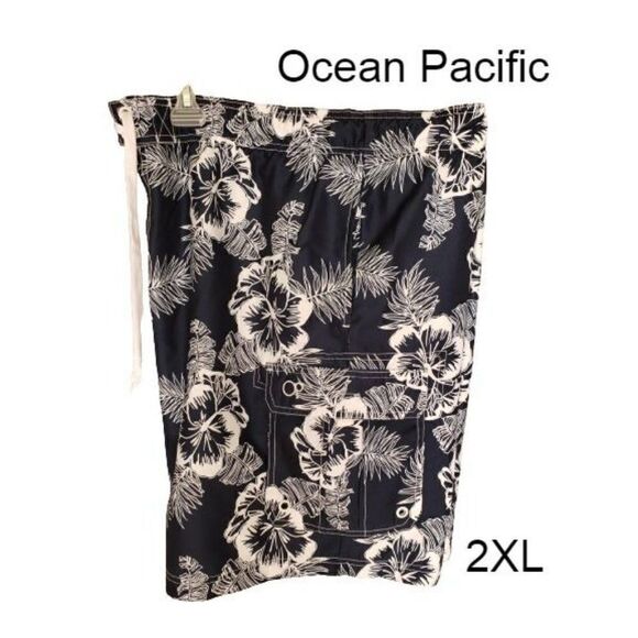 Men's Swimwear 2XL Swim Trunks Navy Blue Hibiscus Volley Pockets 2XL NWOT - Picture 1 of 7